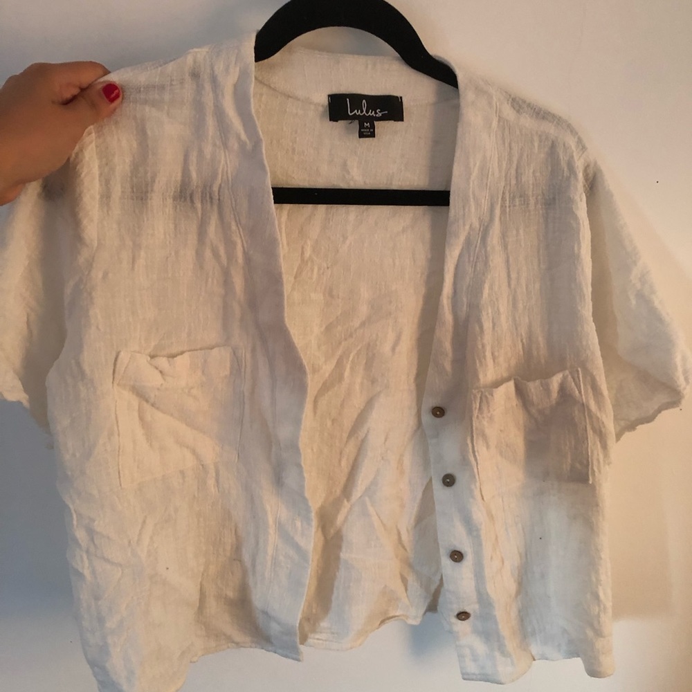 White linen short sleeve button down